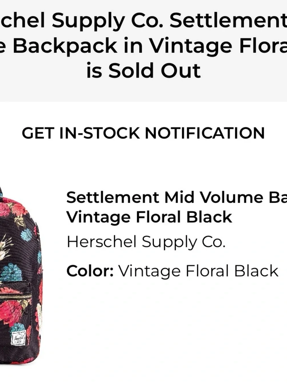NWOT Herschel Supply Company Black Floral Backpack with Multicolor Blooms